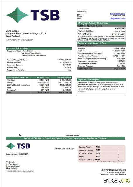 Modèle Word et PDF de relevé hypothécaire de la TSB Bank de Nouvelle , Zélande